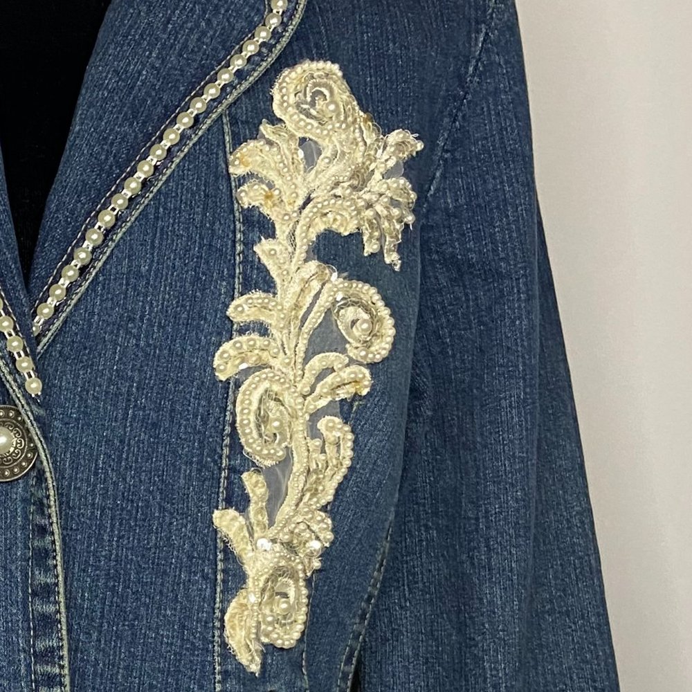 Upcycled Embellished Handstitched Bridal Vintage Lace Demin Jacket/Blazer S/M - Picture 3 of 14